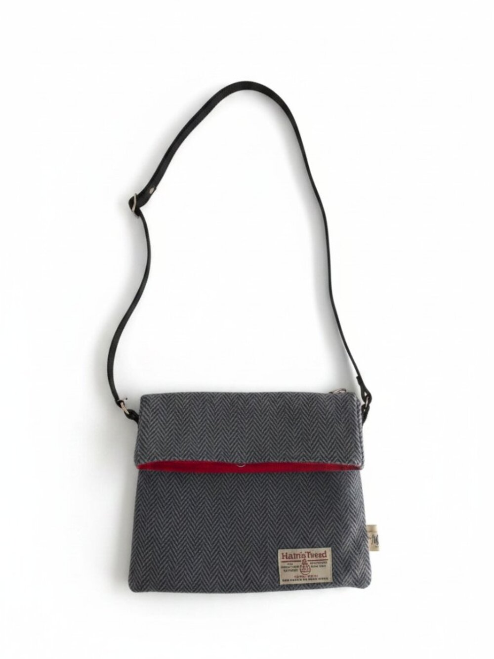 Harris Tweed Gray Herringbone Wool Crossbody Bag Red Lining Purse